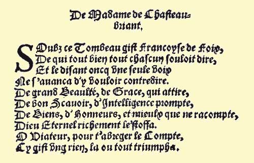 Epitaphe de Françoise de Foix par Clément Marot, 1538. Epitaphe de Françoise de Foix par Clément Marot, 1538.